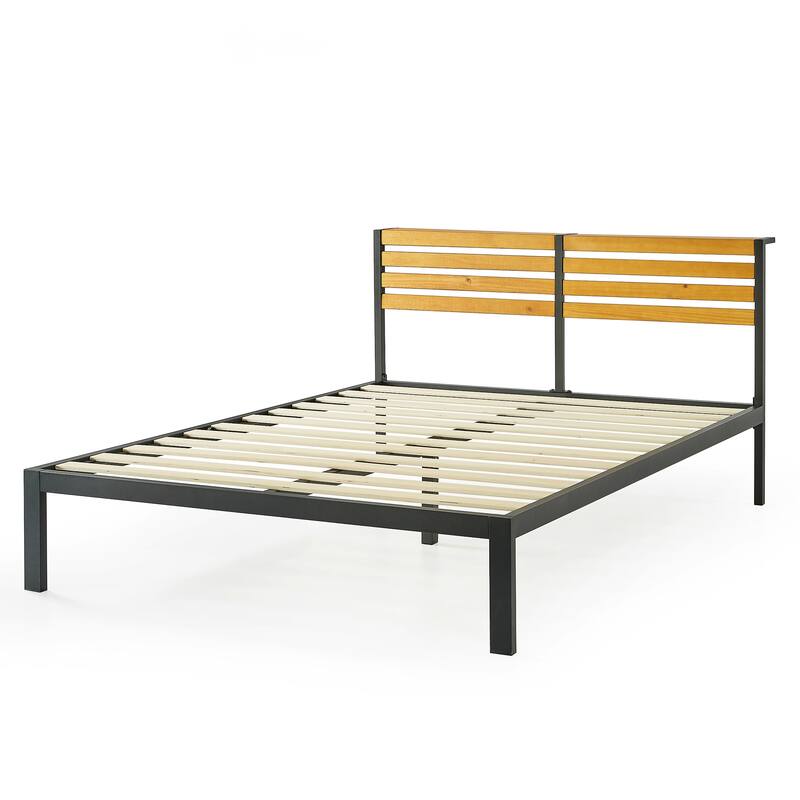 KASI Metal Platform Bed with Pine Wood Headboard Shelf By Crown Comfort
