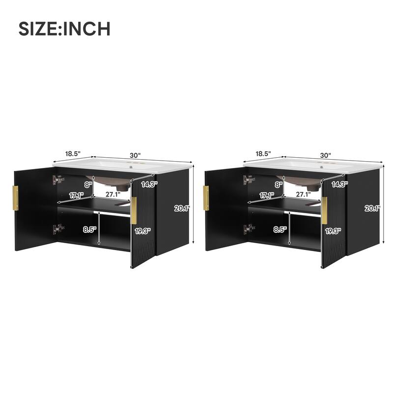 60" Wall Mounted Bathroom Vanity with Ceramic Sink, Soft Close Doors & Adjustable Shelf, MDF Solid Wood Cabinet