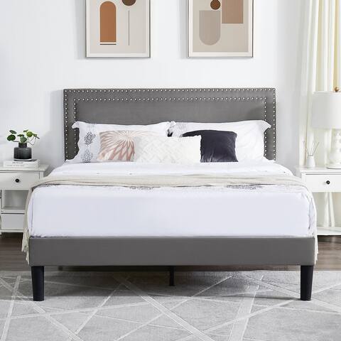 VECELO Height Adjustable Upholstered Platform Bed with Tufted Nailhead Trim Headboard,Twin/Full/Queen Size Beds-Grey