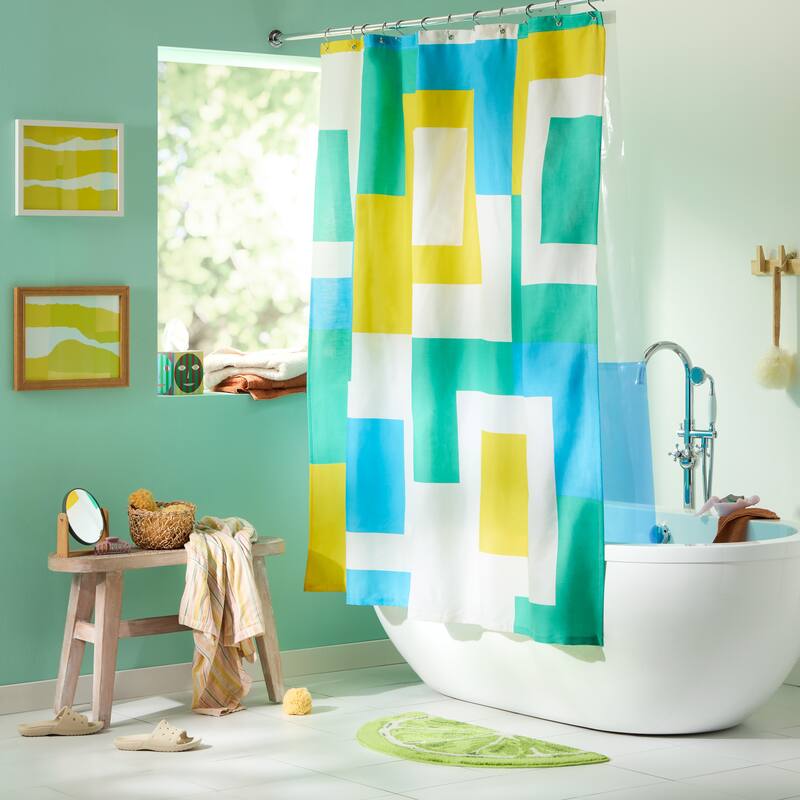 TOWN & COUNTRY PLAY Lucy Mid Century Squares Cotton-Rich Breathable Fabric Shower Curtain with Anti-Rust Grommets