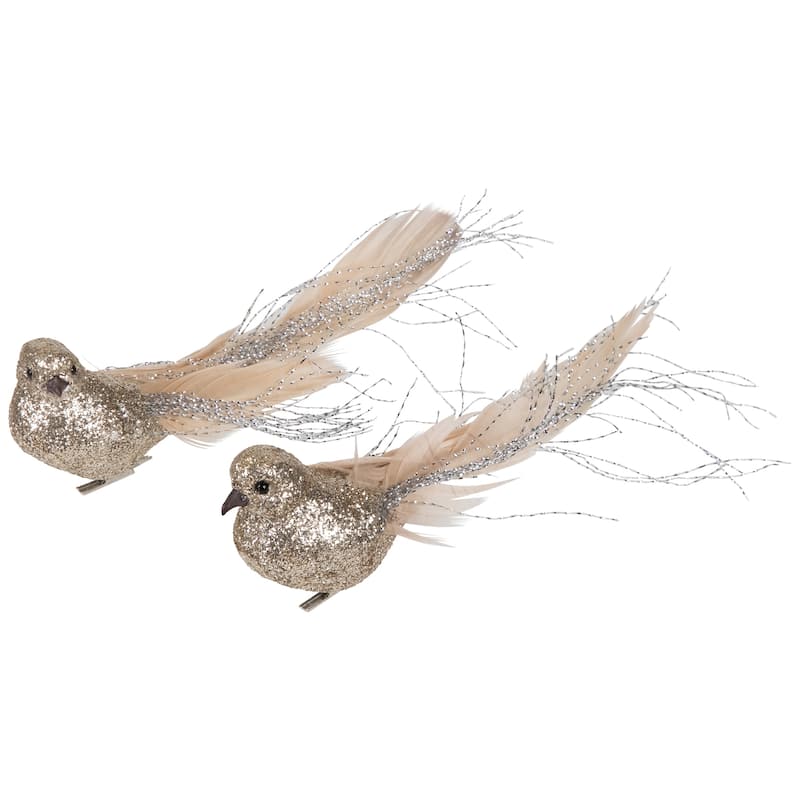 Glittered Birds Clip-On Christmas Ornaments - 7.5" - Gold - Set of 2