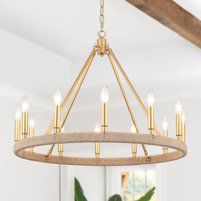 12-Light W26.77" x H78.74" Hemp Rope Wagon Wheel Chandelier for Living Room