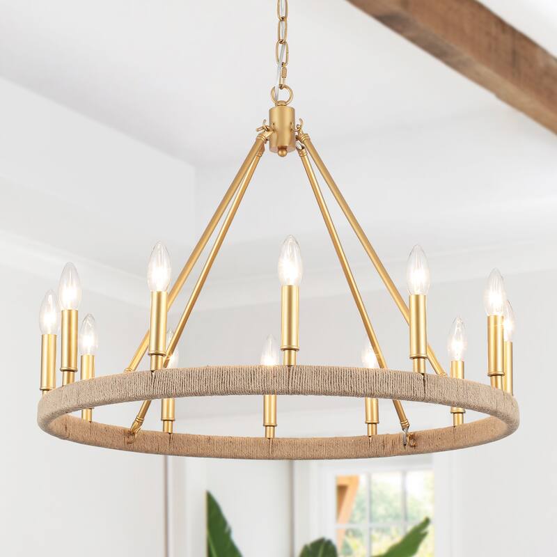 12-Light W26.77" x H78.74" Hemp Rope Wagon Wheel Chandelier for Living Room - Spray-painted Gold
