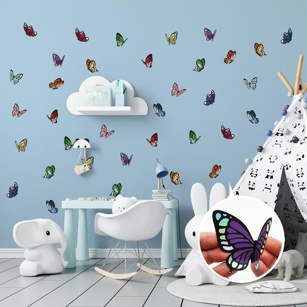 Colourful Holographic Butterflies Kids Wall Stickers Nursery DIY Art - Multi