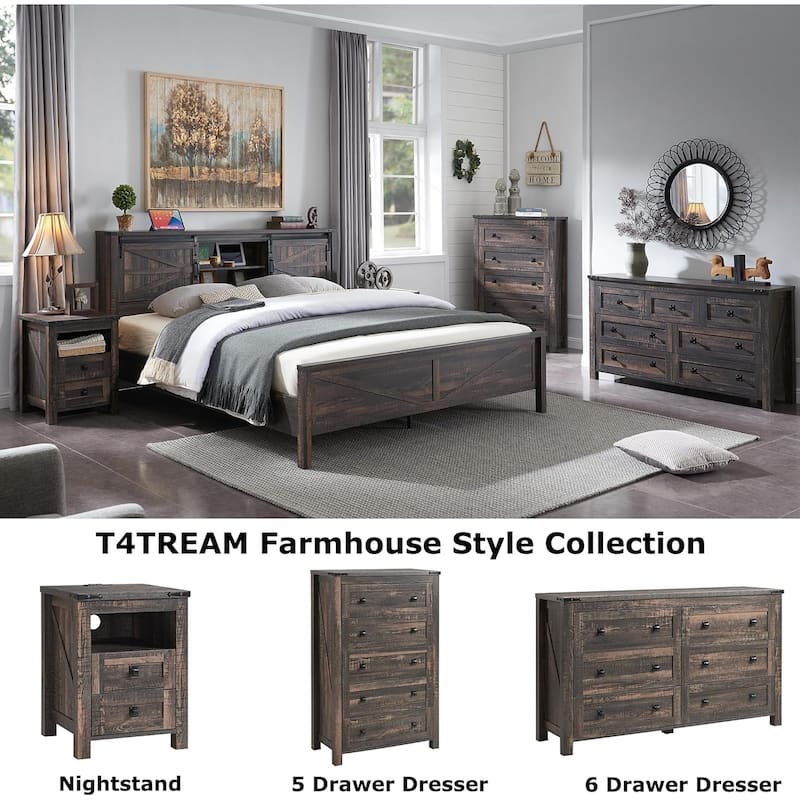 Farmhouse King Size Bed Frame with Storage Shelves & Charging Station