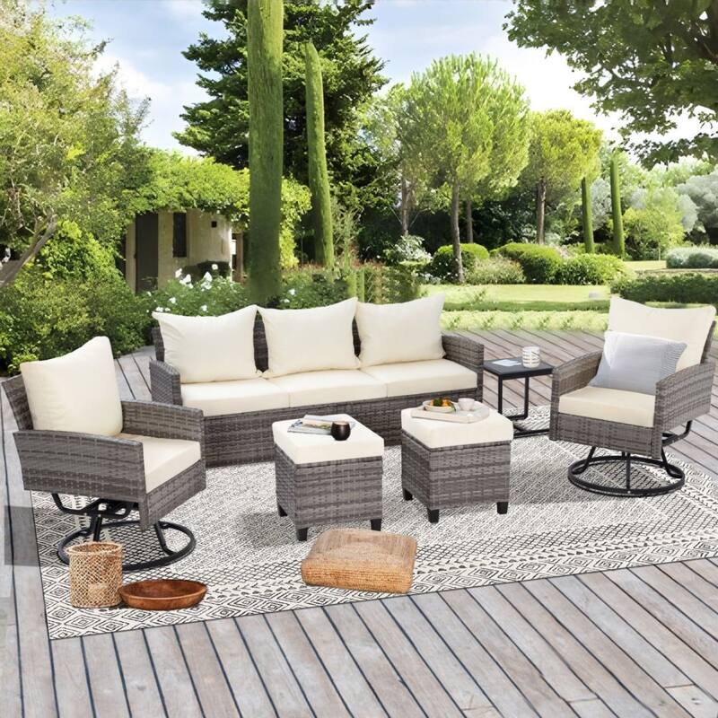 6pcs Wicker Patio Conversation Set Seating Loveseat Sofa with Ottomans