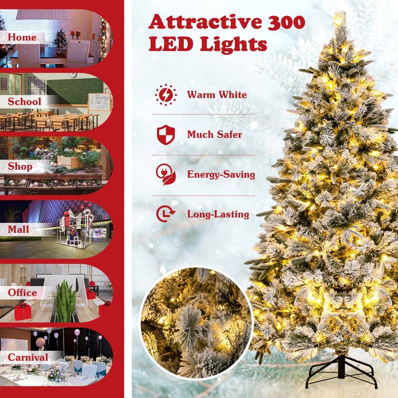 Costway 6/7 FT Pre-Lit Flocked Christmas Tree Hinged Xmas Decoration