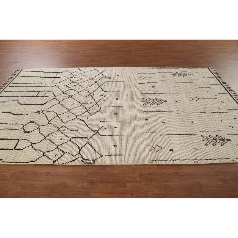 Ivory Moroccan Abstract Area Rug Handmade Wool Carpet - 5'9"x 9'10"