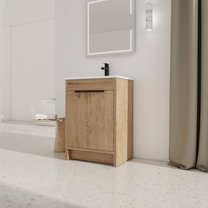 24", 30", 36" Freestanding Bathroom Vanity with White Ceramic Sink & Soft-Close Doors
