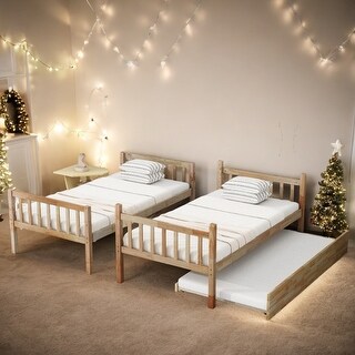 Twin Over Twin Rubber Wood Bunk Bed with Trundle, Convertible into 2 Twin Size Beds-Natural