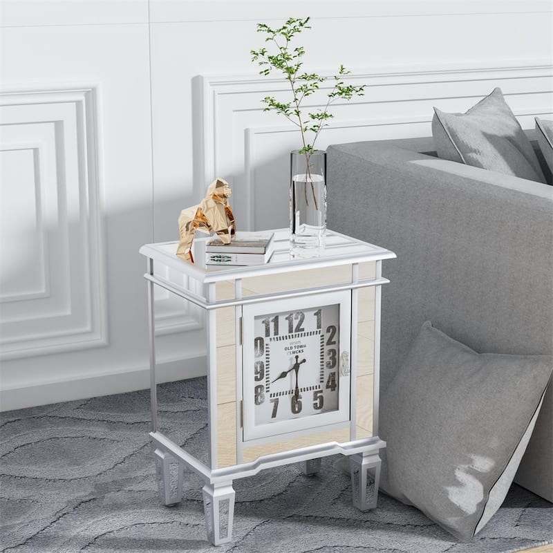 Luxury Clock Mirrored End Side Table, with Clock Display & 1 Door Cabinet Clock Mirrored Cabinet Mirror / Silver for Bedroom