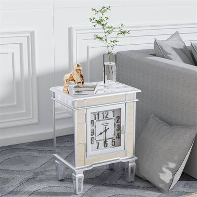 Luxury Clock Mirrored End Side Table, with Clock Display & 1 Door Cabinet Clock Mirrored Cabinet Mirror / Silver for Bedroom