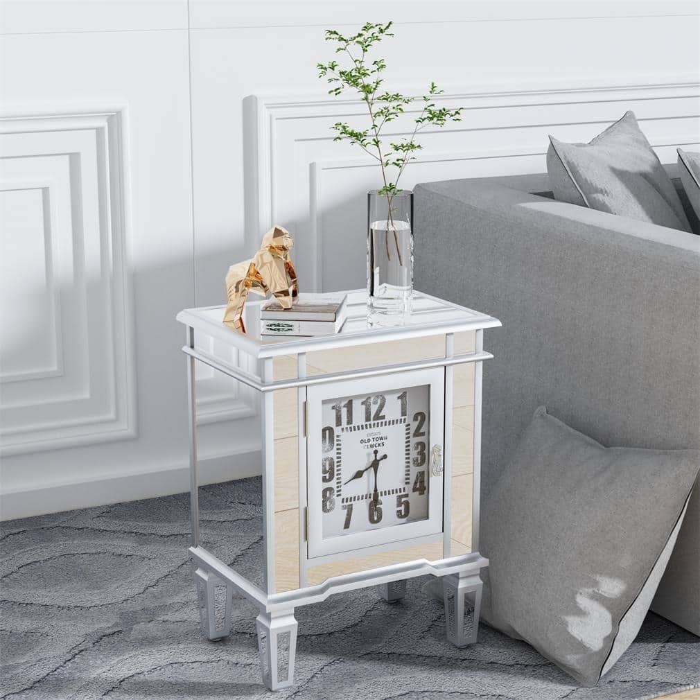 Luxury Clock Mirrored End Side Table, with Clock Display & 1 Door Cabinet Clock Mirrored Cabinet Mirror / Silver for Bedroom