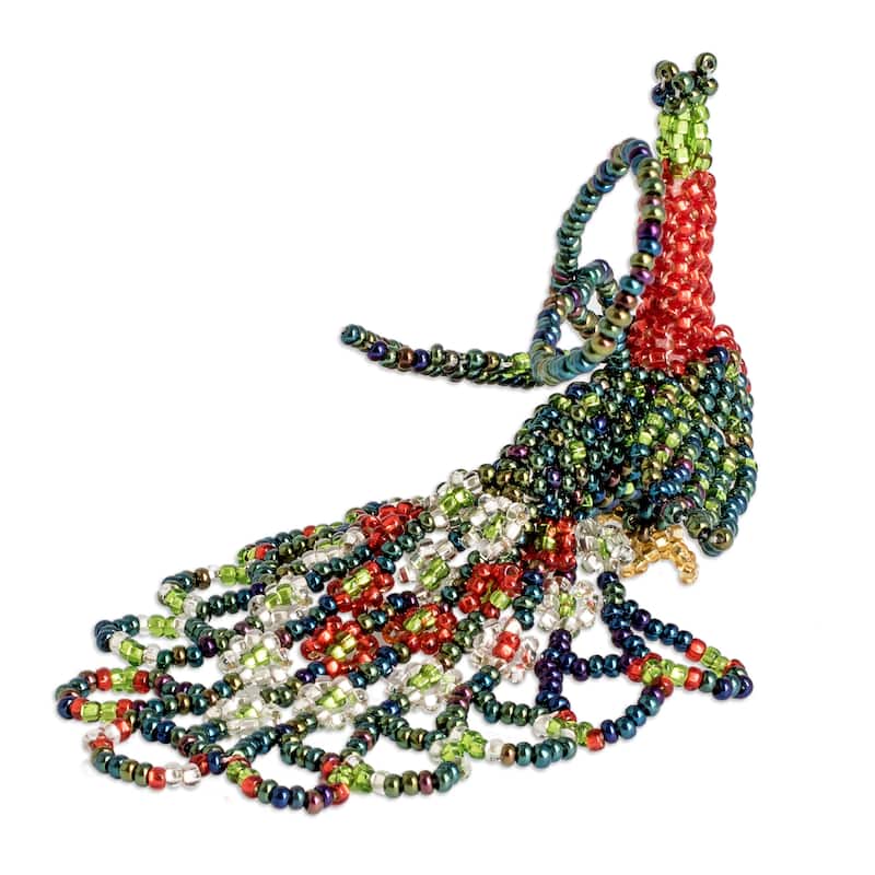 Novica Handmade Rainbow Peacock Splendor Glass Beaded Ornament