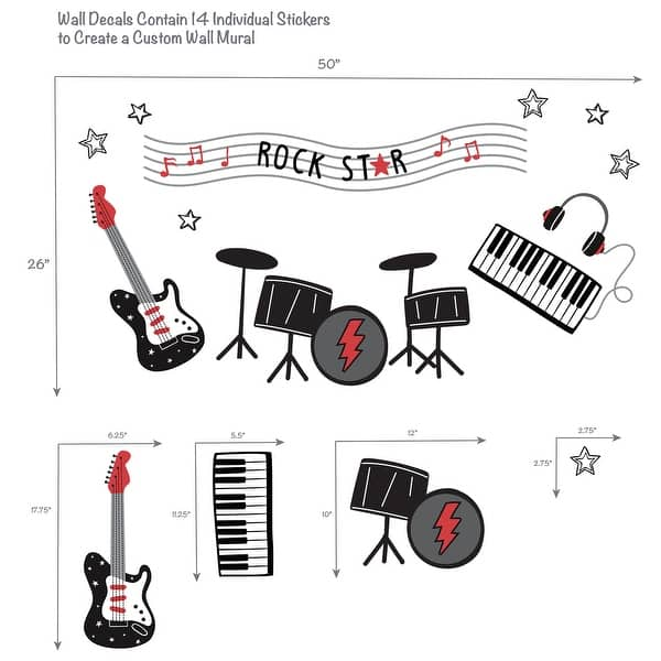 dimension image slide 1 of 2, Lambs & Ivy Rock Star Musical Instruments Wall Decals/Stickers - Drums/Guitar