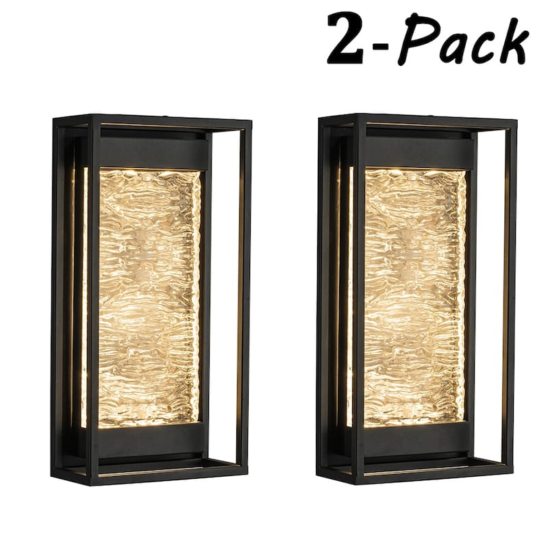Modern Dusk to Dawn Sensor Matte Black Integrated LED Light Fixture with Handcrafted Textured Glass for Porch Garage (2 Pack)