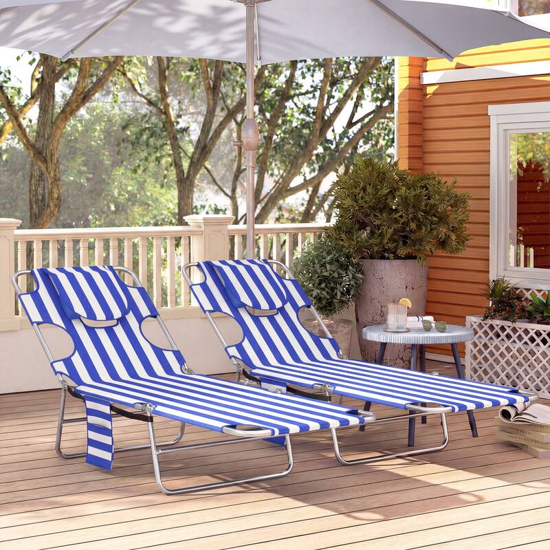 Outsunny Chaise Lounge Chair Outdoor Set of 2 with Face Arm Hole, 5-Position Reclining Face Down Tanning Chair with Carry Strap