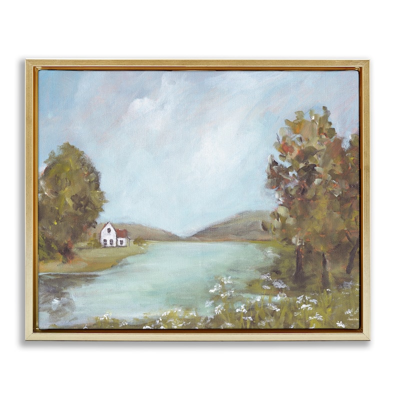 Stupell Distant Cottage Across River Framed Floater Canvas Wall Art Design By Amanda Hilburn - 21 x 17 - Gold
