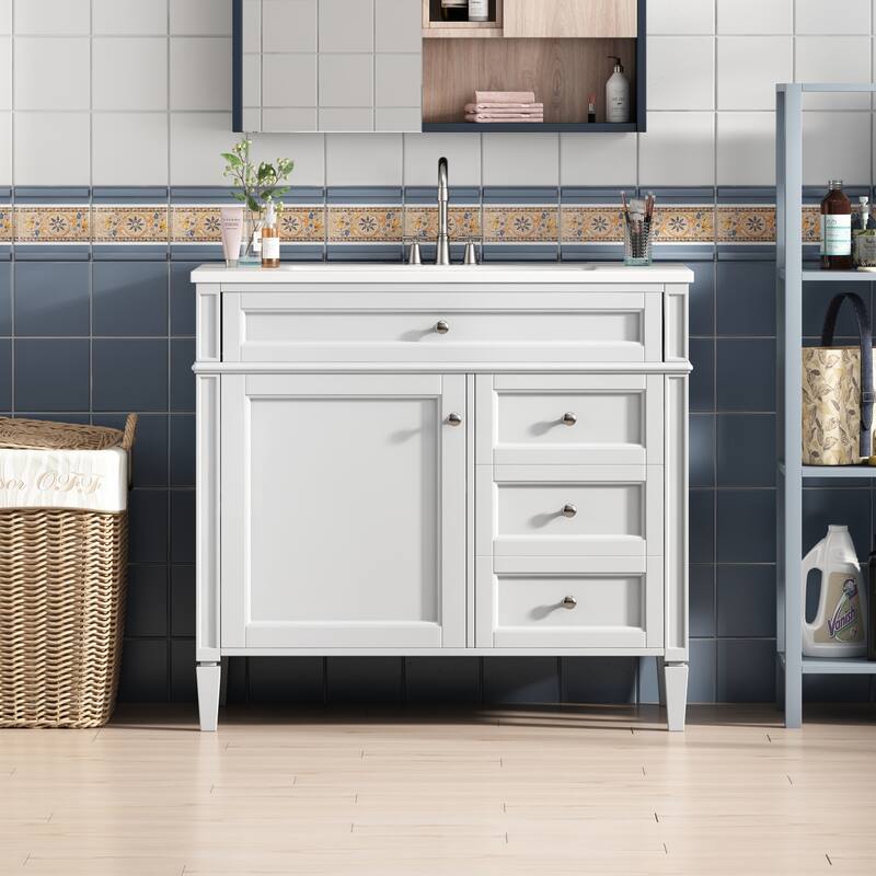 Modern Storage Cabinet Bathroom Vanity with Resin Sink, Tip-out Drawer, 2 Drawers, Side Door Organizer and Adjustable Shelf