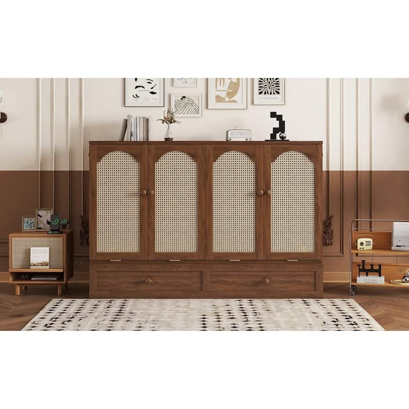 Roomfitters Queen Murphy Bed Cabinet, Pine Wood Fold-Down Bed with Power Station and Rattan Accent Panel