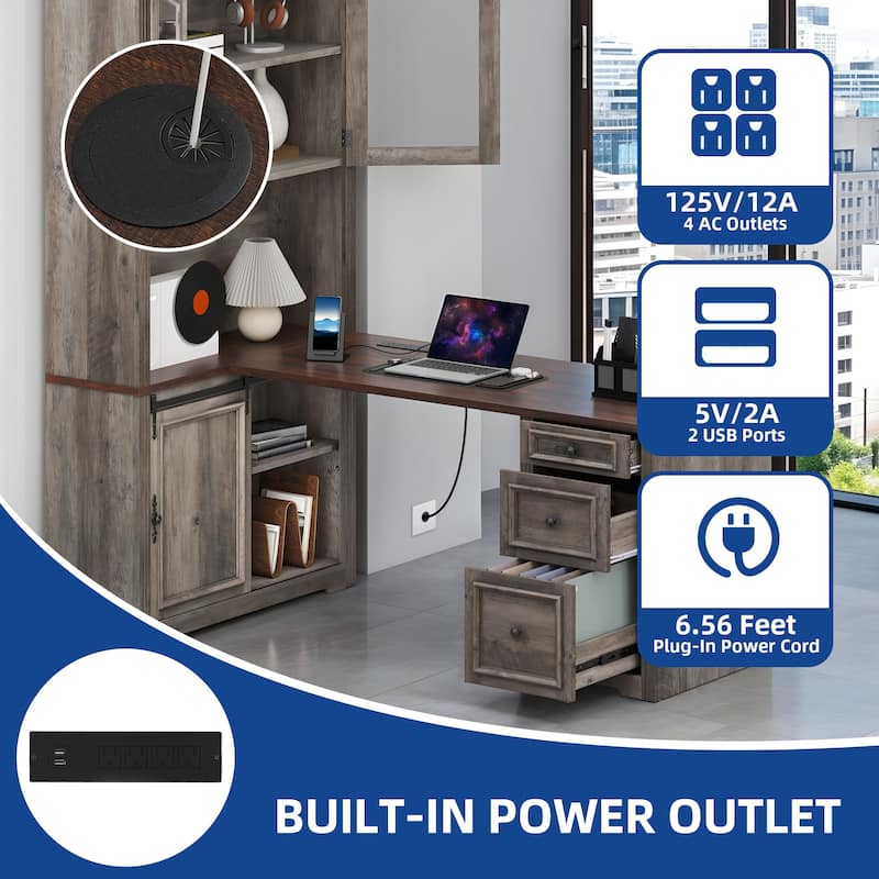 Moasis L-Shaped 3 Drawers Office Desk Corner Computer Desk with Shelves and Cabinet