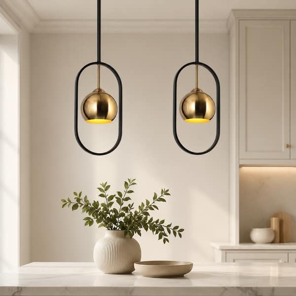 slide 2 of 9, Modern Black Gold 1-Light Metal Pendant Lights Farmhouse Kitchen Island Light for Dining Room