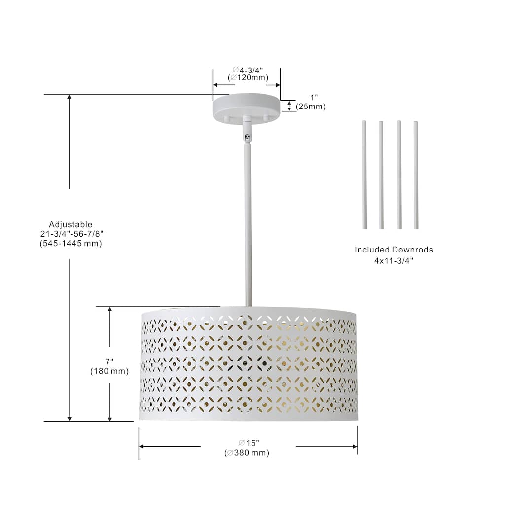 3 Light Drum Pendant in White Finish - 7"H x 15"W x 15"D