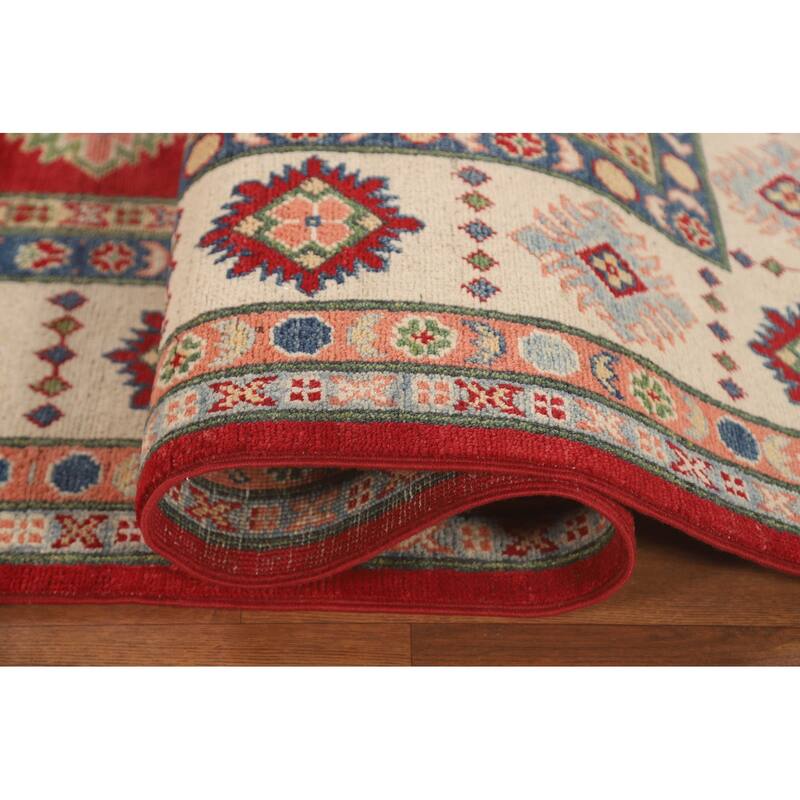Red Geometric Kazak Living Room Area Rug Handmade Wool Carpet - 6'7" x 9'11"