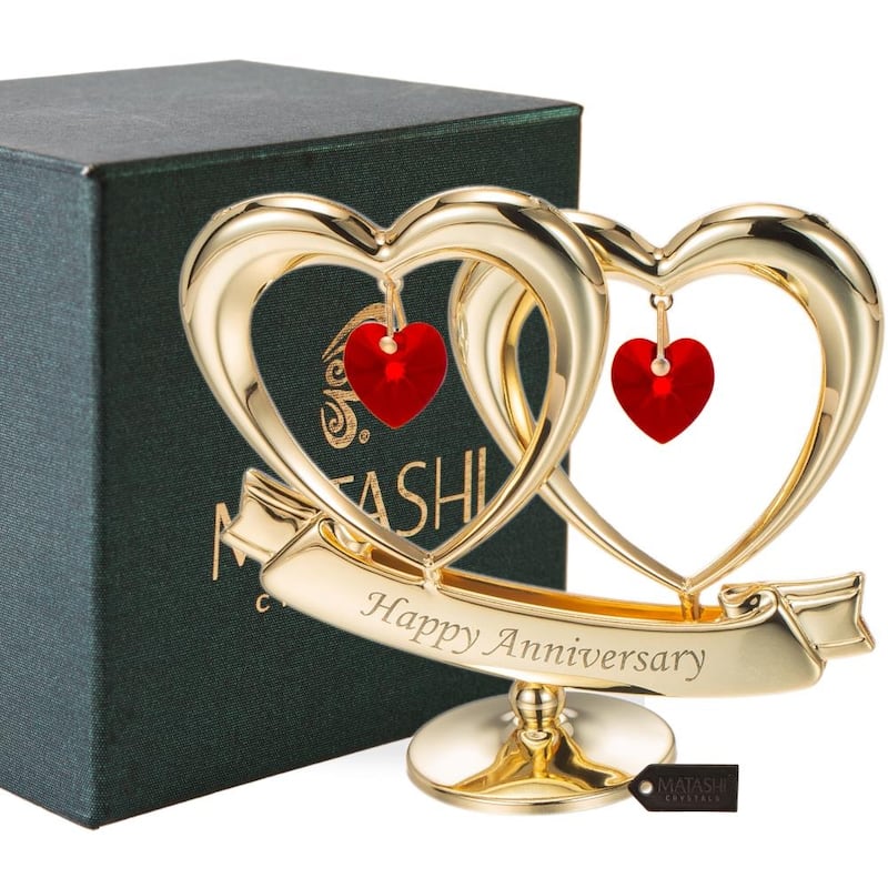 Matashi Gold plated Red Crystal Happy Anniversary Double Heart Tabletop Ornament - Gold