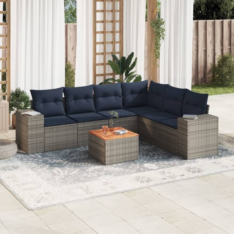 vidaXL Patio Sofa Set with Cushions Outdoor Furniture 7 Piece Poly Rattan - 24.4x 24.4x 27.2