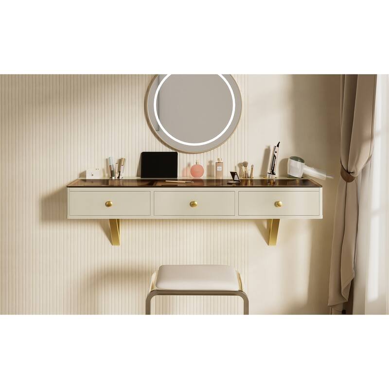 Floating Vanity Desk with Glass Top & Drawers, Wall Mounted Makeup Vanity Desk, Dressing Table with Tablet Holder