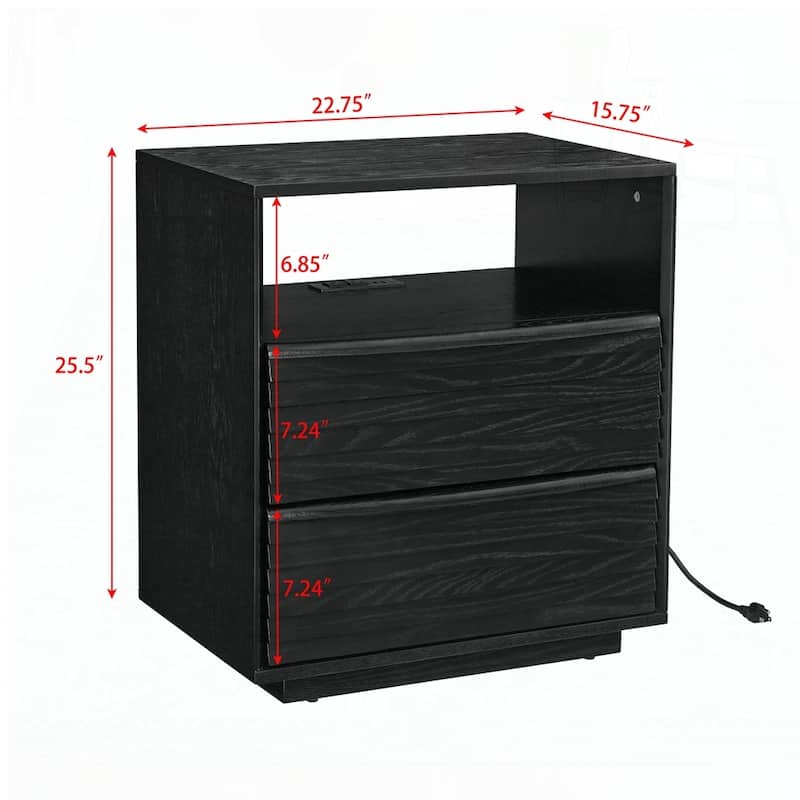 Nightstand with Charging Station and 2 Solid Wood Drawers