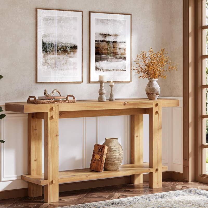 63" Solid Wood Console Table, Farmhouse 2-Tier Entryway Sofa Table for Living Room, Hallway, Easy Assembly