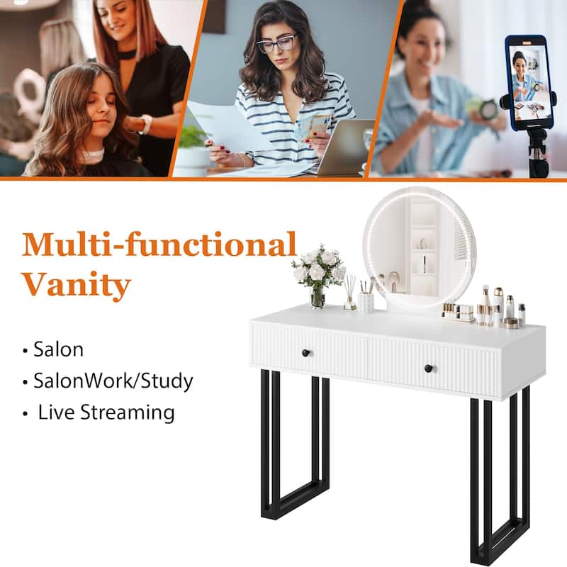 Vanity Desk with Mirror and Lights, Small Makeup Vanity with 2 Drawers, Modern Vanity Organizer with 3 Color Lights