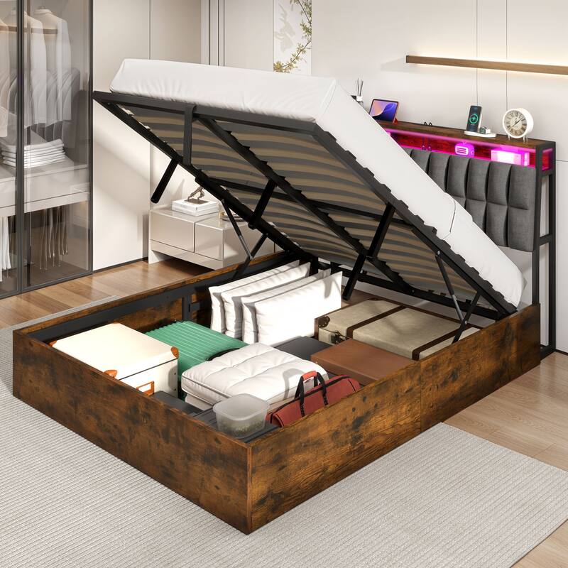 Moasis Lift-Up Storage Bed Frame with Charging Station & Storage Headboard