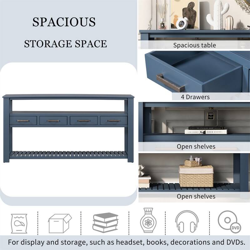 Long Entryway Console Sofa Table with Drawers, Farmhouse Wood Sofa Tables Console Table with 4 Drawers and 2 Shelves