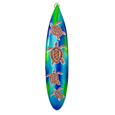Wooden Sea Turtle Surfboard Wall Decor 38.5" Tropical Ocean Beach Art