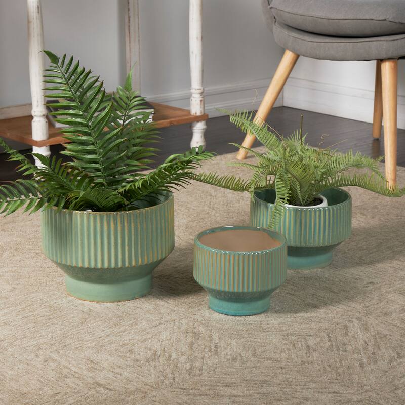 Green, Cream or White Ceramic Wide Planter with Linear Grooves and Tapered Bases (Set of 3)