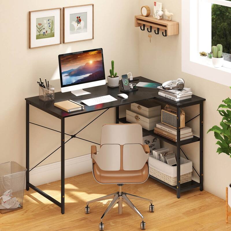 Costway L-Shaped Computer Desk with Power Outlets Adjustable shelf