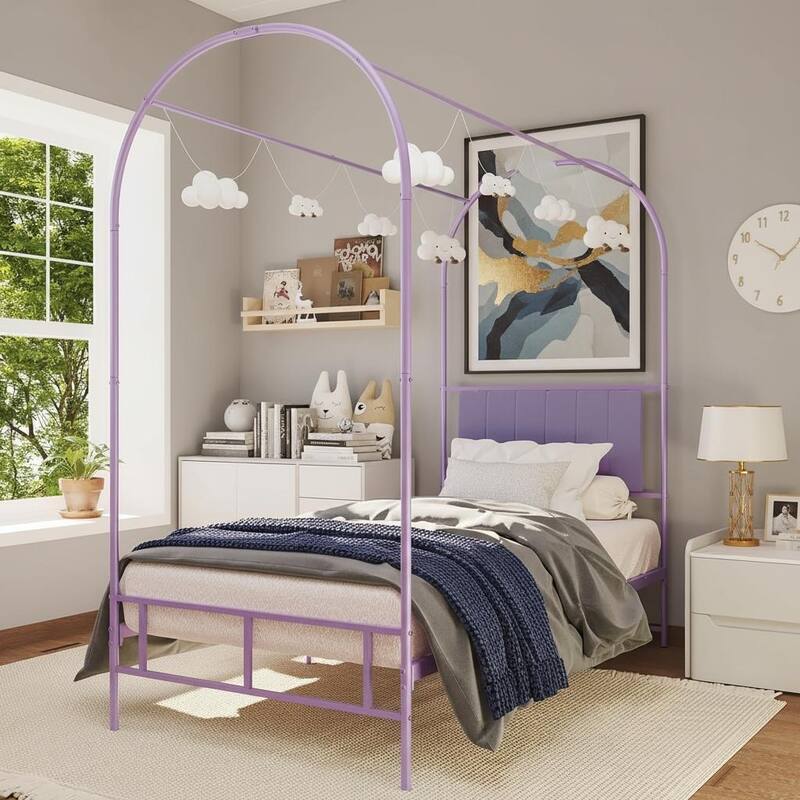 Twin Canopy Bed Frame, with Upholstered Headboard