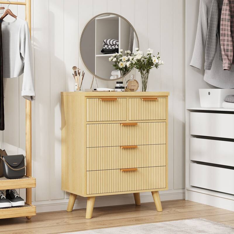 Gymojoy Fluted 5 Drawer Dresser, Modern Wood Chest of Drawers, Closet Dresser Organizer