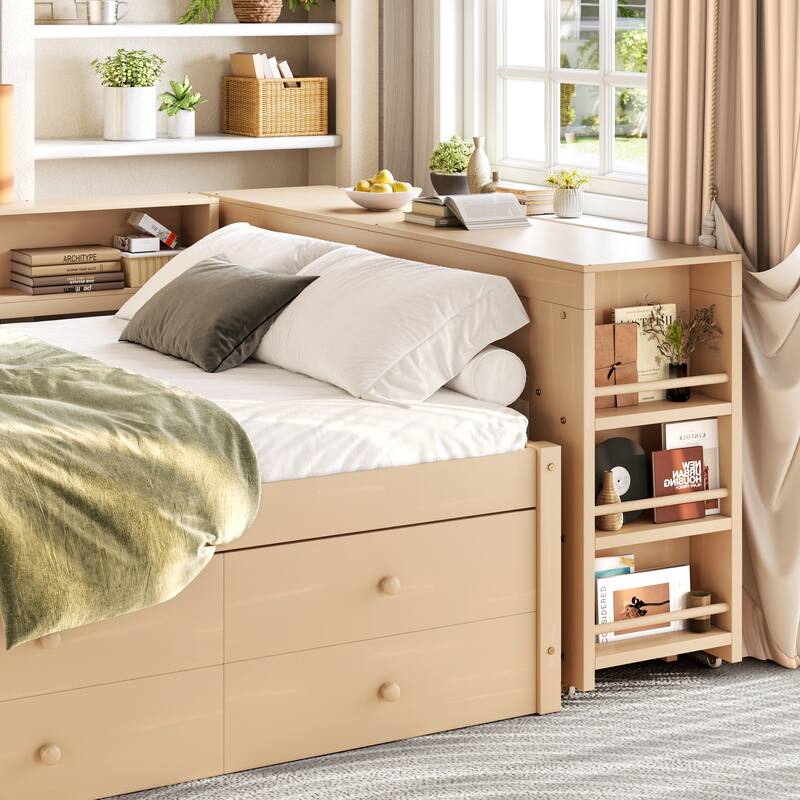 Full/Twin Daybed with Trundle & Storage Drawers - Wood Frame with Side Shelves and Desk