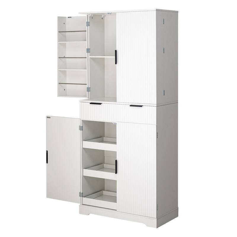 Fluted Kitchen Pantry Cabinet, Freestanding Buffet Cabinet, Storage Cabinet with 3 Keyboard Drawers & 6 Adjustable Door Shelves