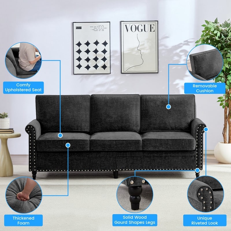 Mixoy Chenille Living Room Sofa,Modern 3-Seater Sofa Couch,Unique Riveted Look