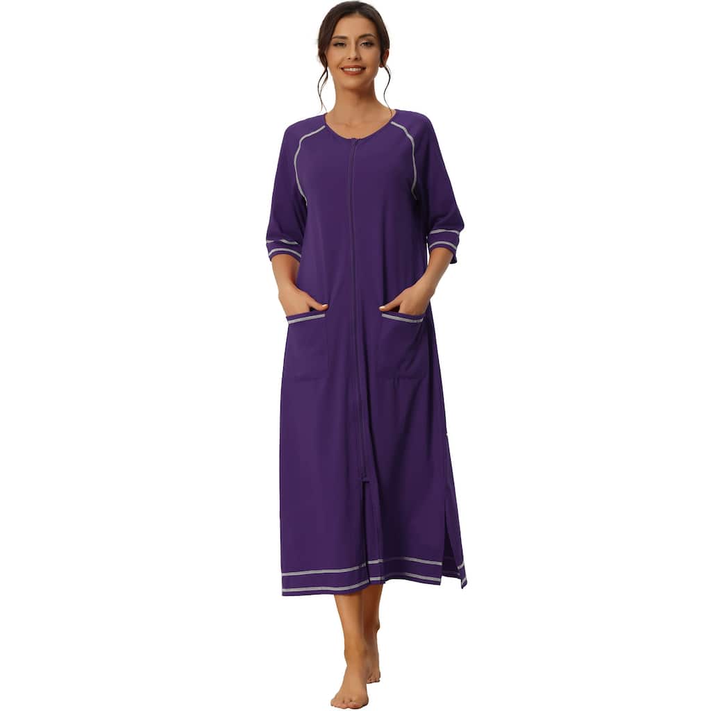 Women Zipper Robe Long Sleeve Loungewear Bathrobe with Pockets