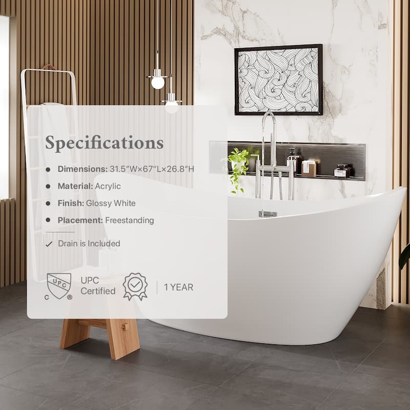 Eviva Bella 67" Glossy White Acrylic Slipper Freestanding Bathtub