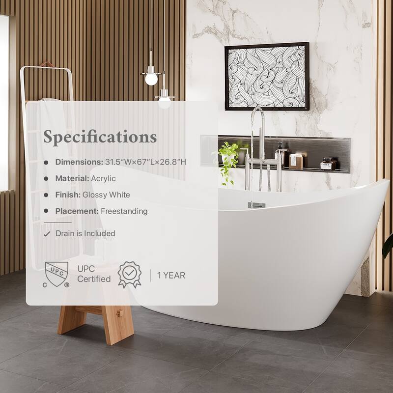 Eviva Bella Glossy White Acrylic Double Slipper Freestanding Bathtub