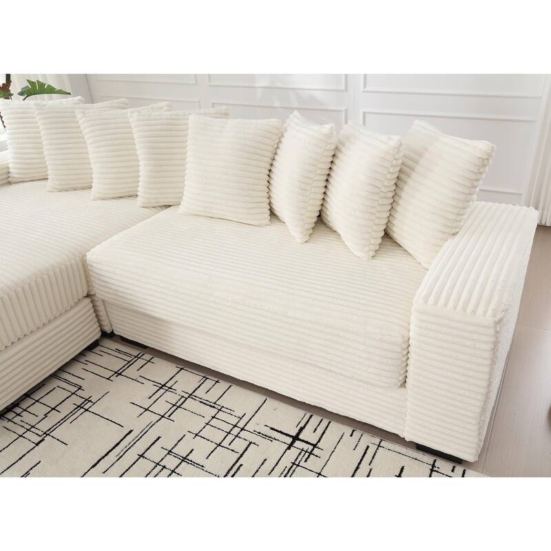 L Shaped Sectional Sleeper Sofa Corduroy Corner Sofa with Chaise Lounge and 8 Throw Pillows, Oversized Modular Daybed