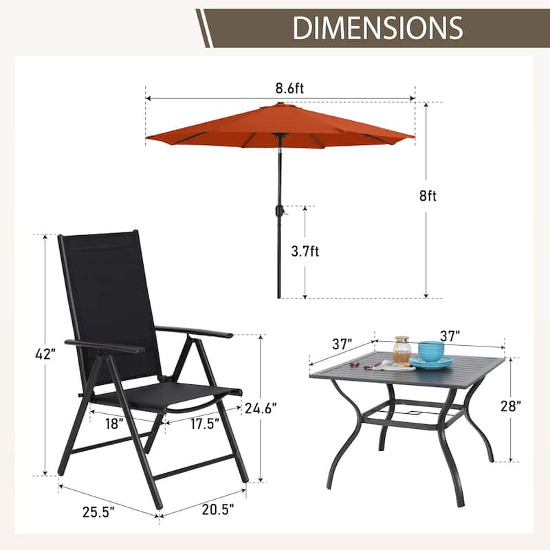 MAISON ARTS Outdoor 6-piece Patio Dining Set, 1 Square Metal table, 4 Adjustable Folding Chairs and 9ft Umbrella
