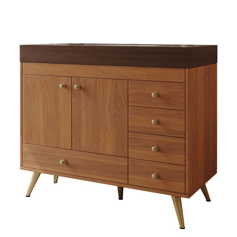 36" Bathroom Vanity with Faux Marble Top & Ceramic Sink, 5-Drawer Storage Cabinet with Stainless Steel Legs